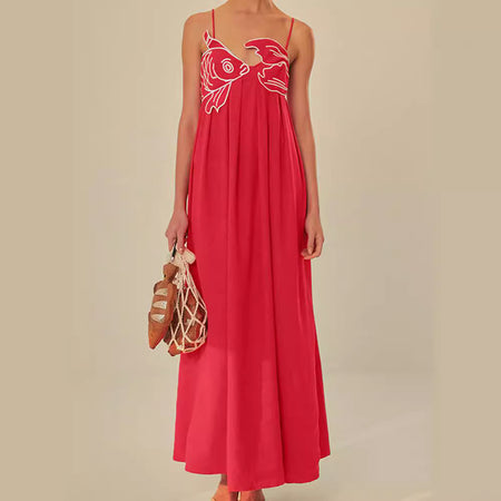 Red Fish-shaped Top Extra Long Dress Backless Slip Dress - ANIBEY