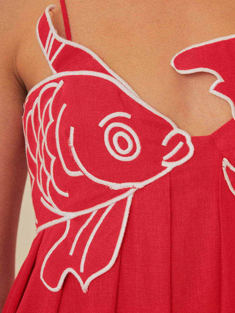 Red Fish-shaped Top Extra Long Dress Backless Slip Dress - ANIBEY