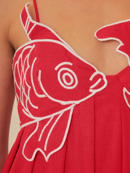 Red Fish-shaped Top Extra Long Dress Backless Slip Dress - ANIBEY