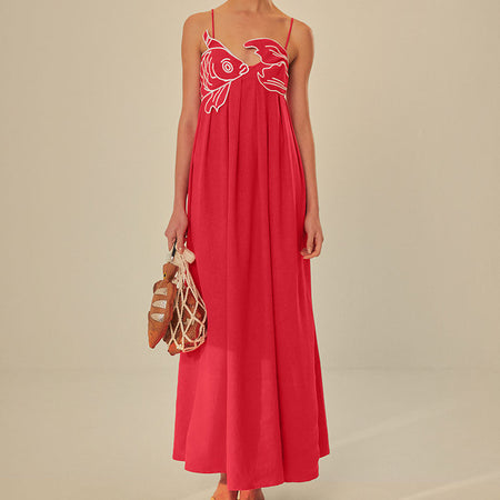 Red Fish-shaped Top Extra Long Dress Backless Slip Dress - ANIBEY