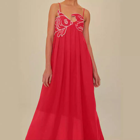Red Fish-shaped Top Extra Long Dress Backless Slip Dress - ANIBEY