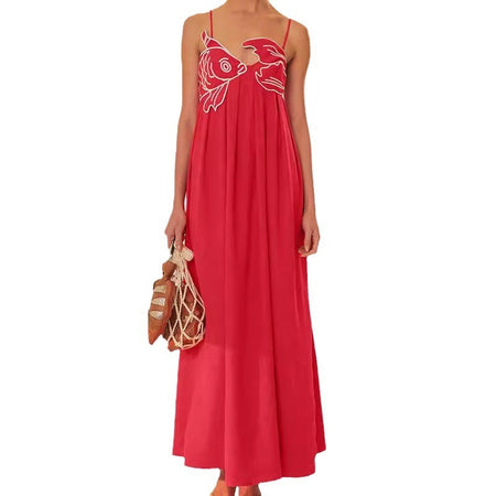 Red Fish-shaped Top Extra Long Dress Backless Slip Dress - ANIBEY