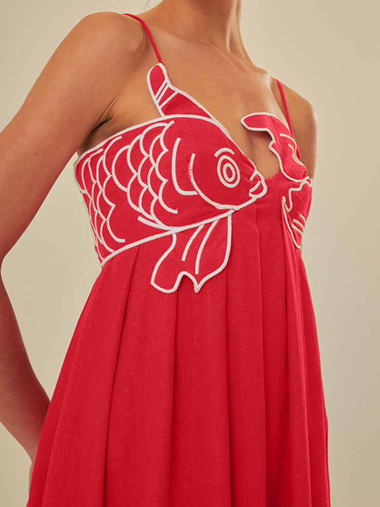 Red Fish-shaped Top Extra Long Dress Backless Slip Dress - ANIBEY