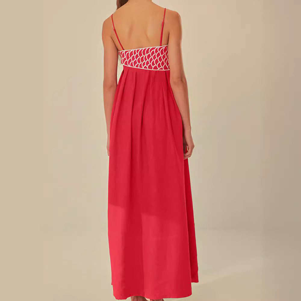 Red Fish-shaped Top Extra Long Dress Backless Slip Dress - ANIBEY