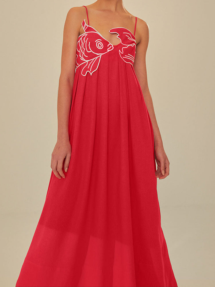 Red Fish-shaped Top Extra Long Dress Backless Slip Dress - ANIBEY