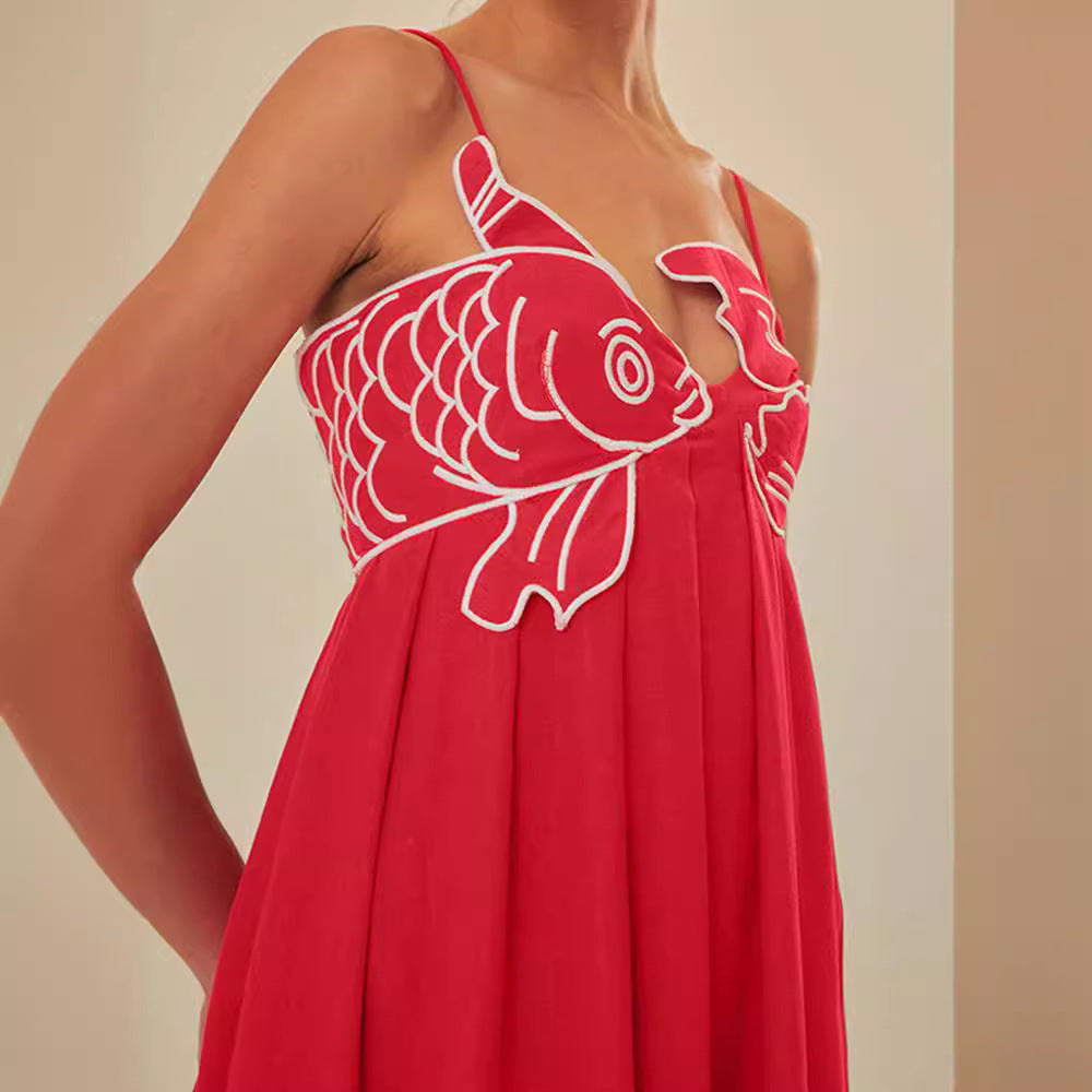 Red Fish-shaped Top Extra Long Dress Backless Slip Dress - ANIBEY