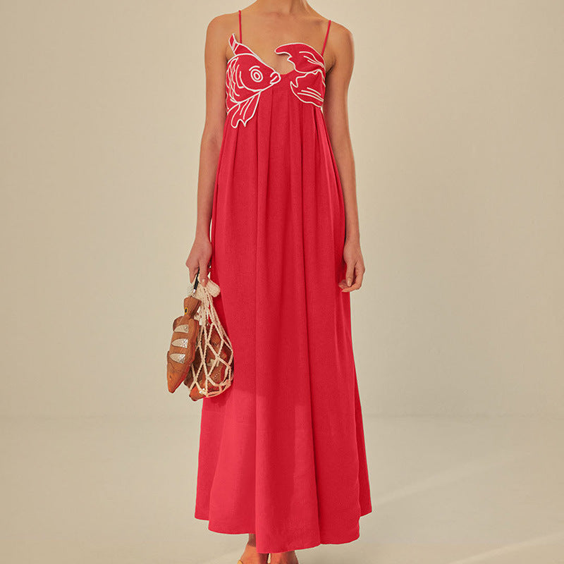 Red Fish-shaped Top Extra Long Dress Backless Slip Dress - ANIBEY