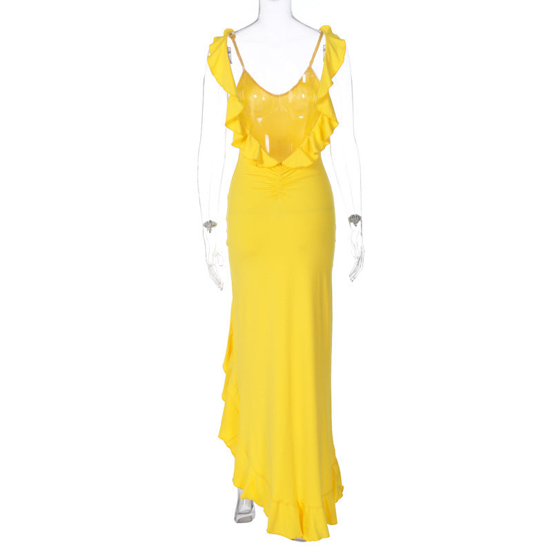 Frilly Dress With Irregular Halter - ANIBEY