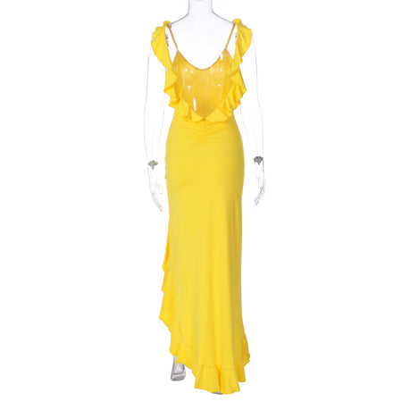 Frilly Dress With Irregular Halter - ANIBEY
