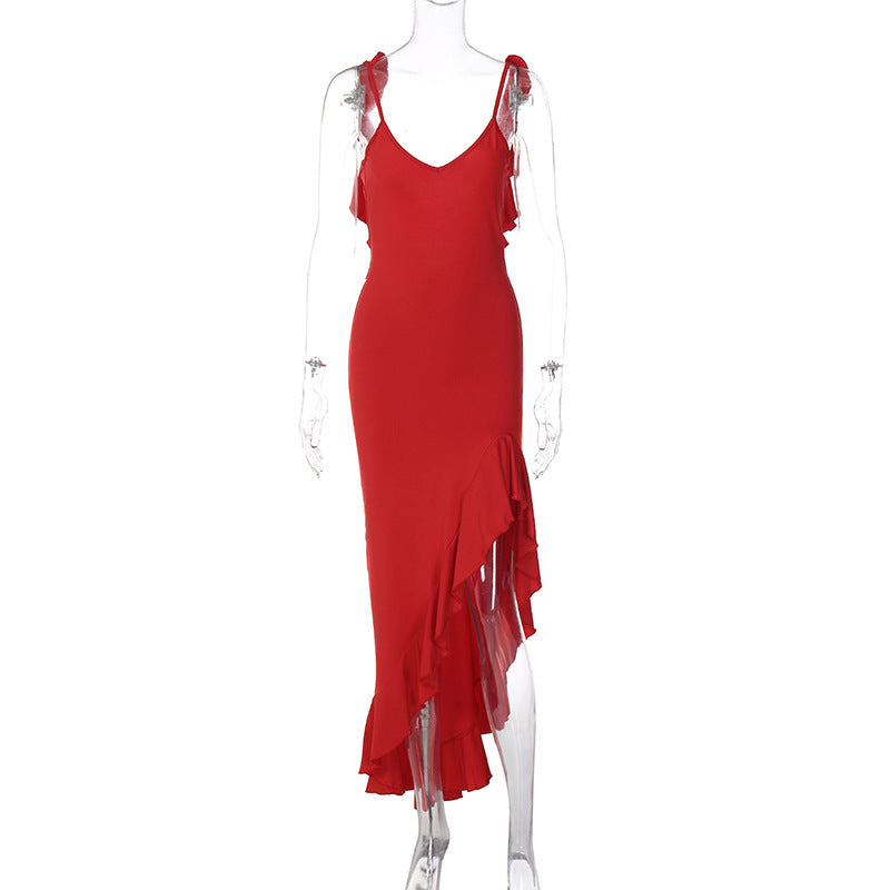 Frilly Dress With Irregular Halter - ANIBEY
