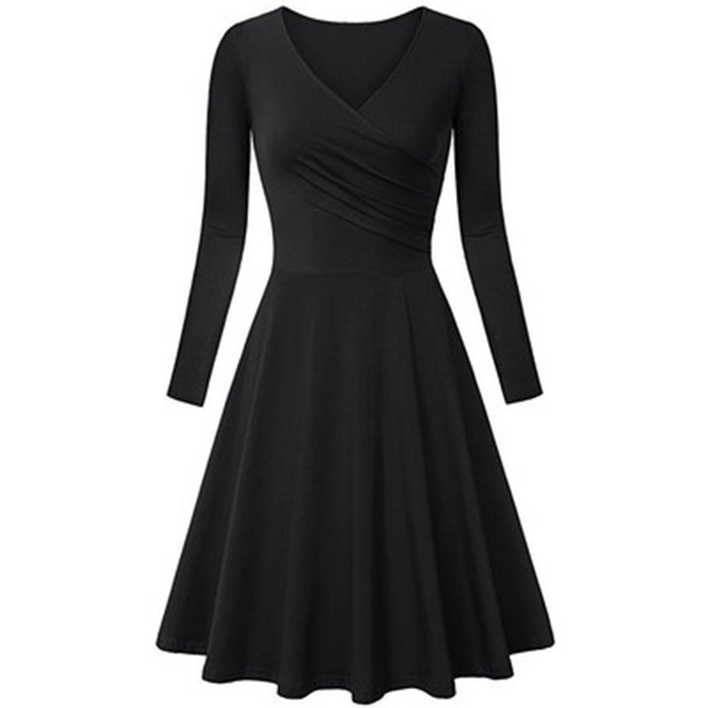 New Women's European And American Autumn And Winter V-neck Slim Long Sleeve Big Hem Dress - ANIBEY