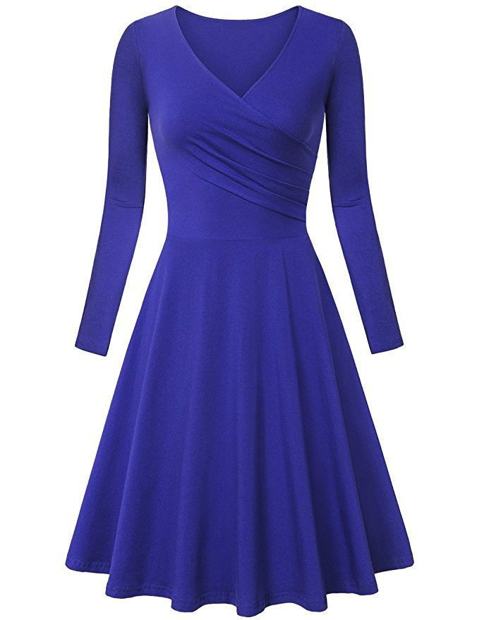 New Women's European And American Autumn And Winter V-neck Slim Long Sleeve Big Hem Dress - ANIBEY
