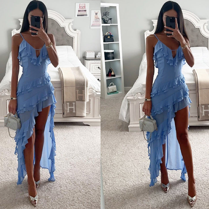 Lady Sexy Sling Irregular Solid Color Dress - ANIBEY