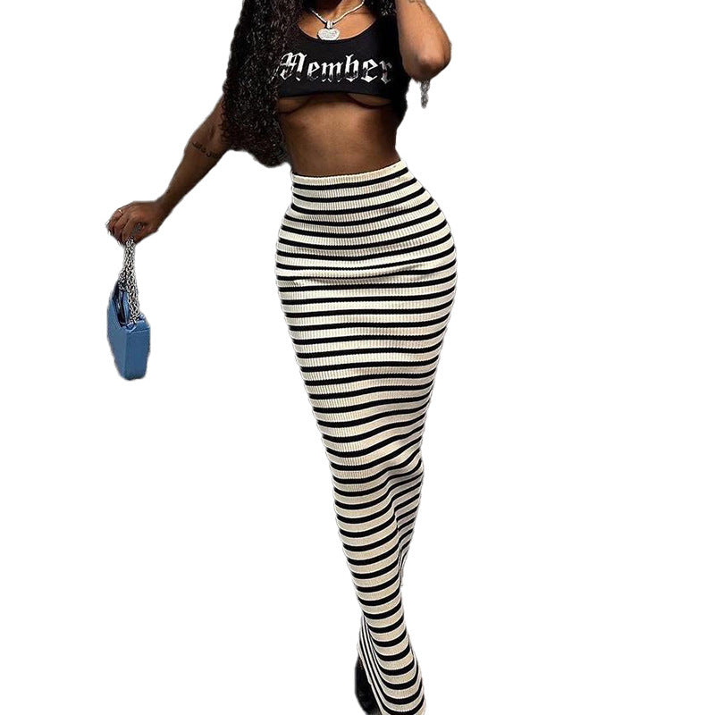 High-waisted Black And White Striped Straight Skirt Fashion All-in-one Casual Dress - ANIBEY