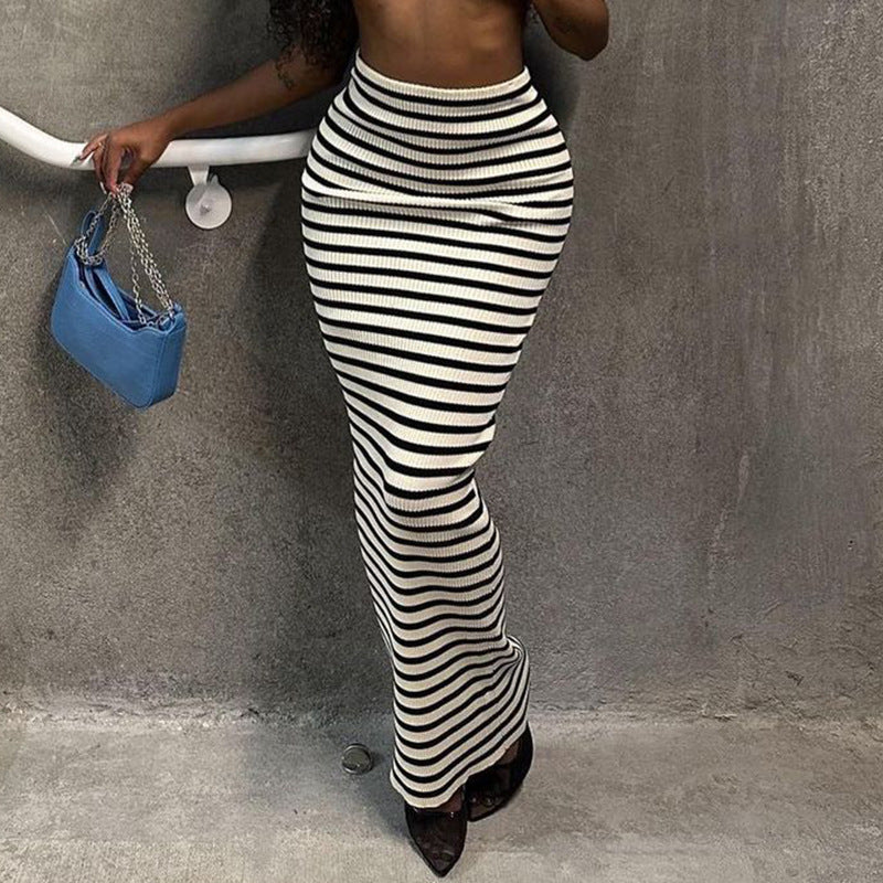 High-waisted Black And White Striped Straight Skirt Fashion All-in-one Casual Dress - ANIBEY