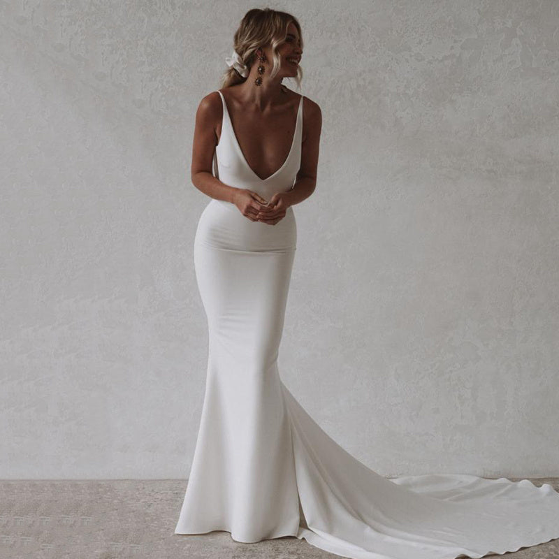 Mermaid Beach Wedding Deep V-Neck Back Dress - ANIBEY