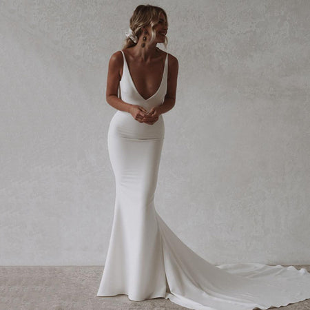 Mermaid Beach Wedding Deep V-Neck Back Dress - ANIBEY