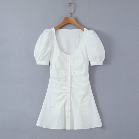 French Retro Square Collar Single Breasted Puff Short Sleeve Dress - ANIBEY