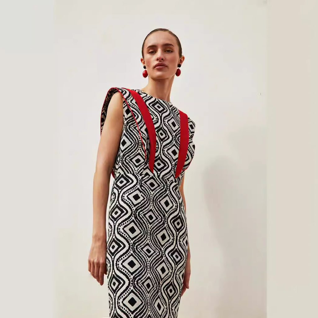 Retro Style Sleeveless Dress Color Collision Design Waist Trimming Printing - ANIBEY