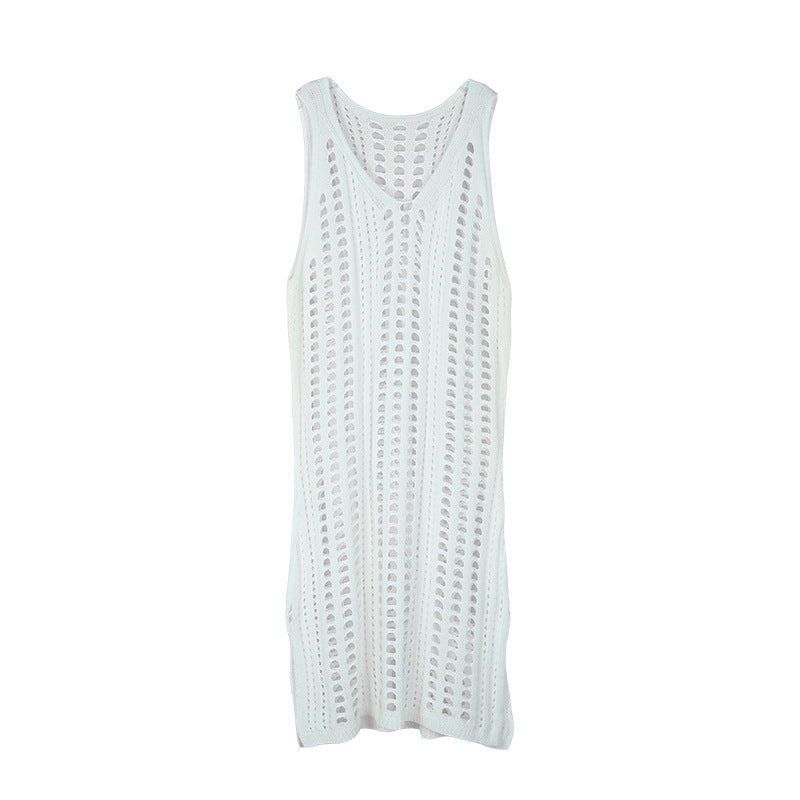 Sexy Hollow Out Beach Dress Women V Neck Sleeveless Crochet Swimsuit Cover Up Vestidos Female Bathing Suit - ANIBEY