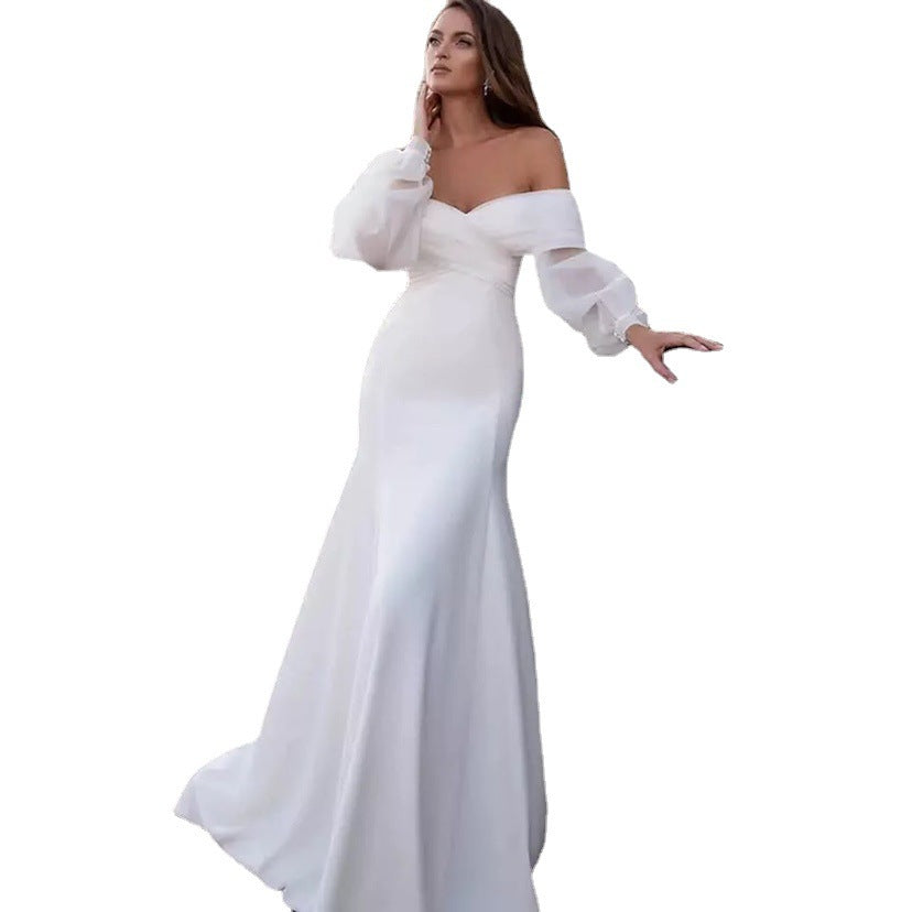 Spring Concise White Satin Trailing Lightweight Wedding Dress - ANIBEY