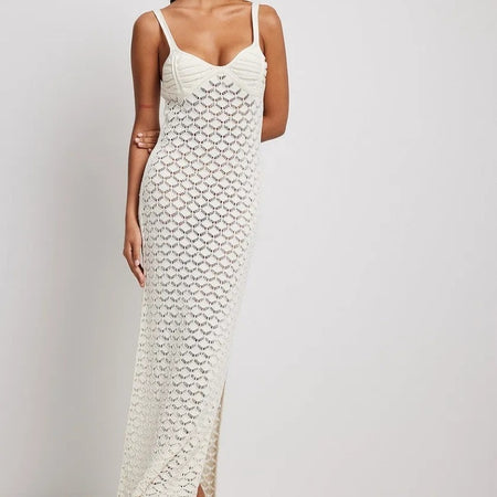 Style Knitted Long Skirt Women's Suspender Skirt Side Slit Backless Hollow Pattern Knitted Dress - ANIBEY
