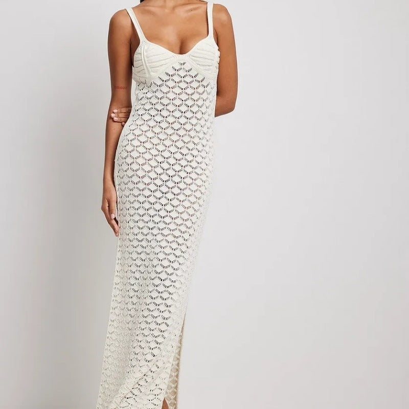 Style Knitted Long Skirt Women's Suspender Skirt Side Slit Backless Hollow Pattern Knitted Dress - ANIBEY