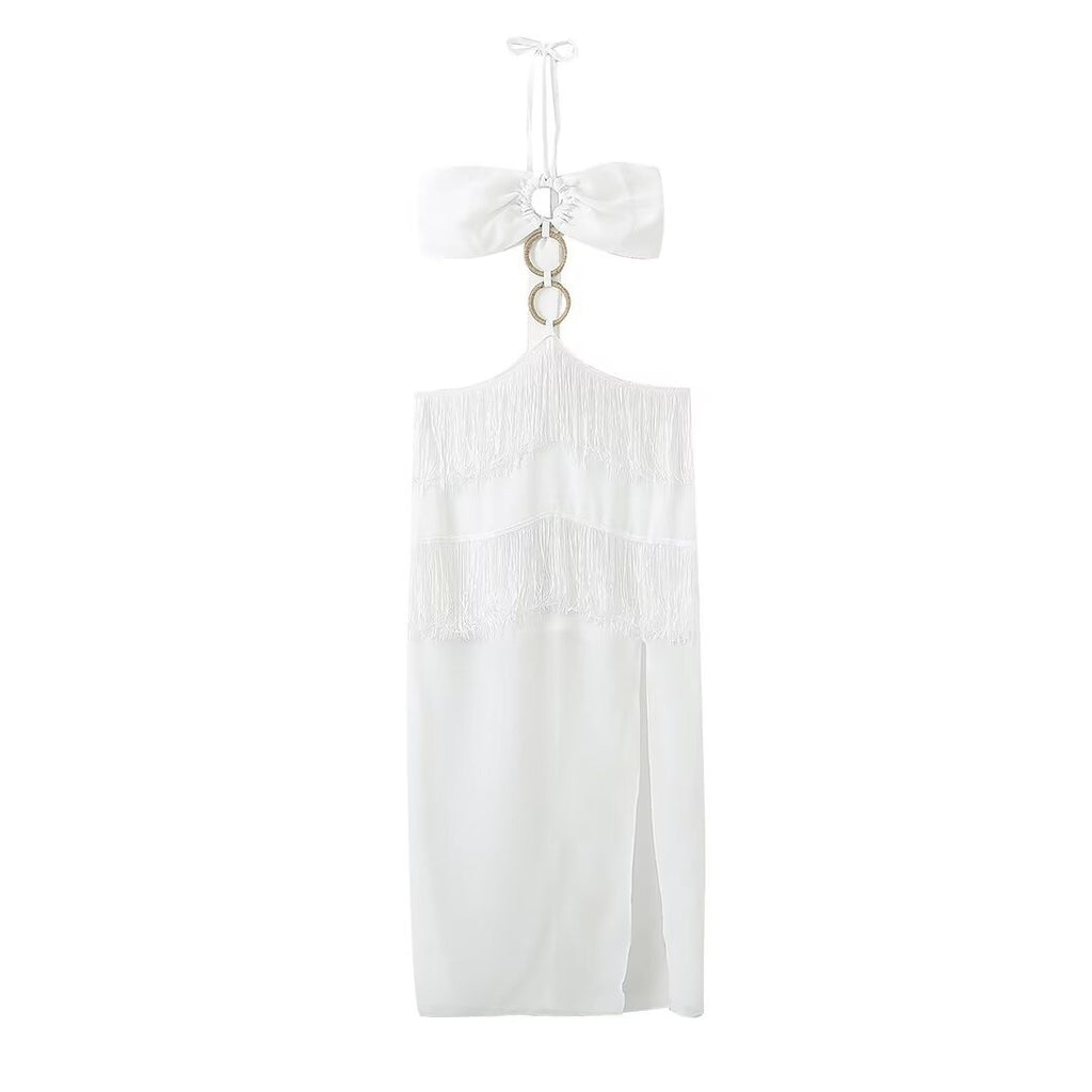 Summer New Sexy Buckle Tube Top Chiffon Tassel Dress - ANIBEY