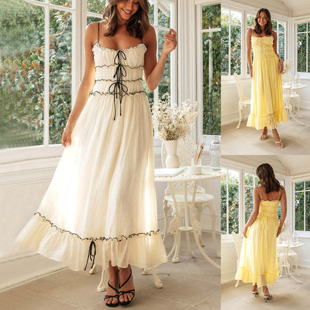 Summer Suspender Spaghetti Strap Long Dresses With Bow Pleat Design Fashion Sweet Bow Beach Dress For Womens Clothing - ANIBEY