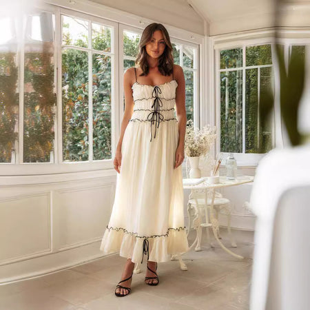 Summer Suspender Spaghetti Strap Long Dresses With Bow Pleat Design Fashion Sweet Bow Beach Dress For Womens Clothing - ANIBEY