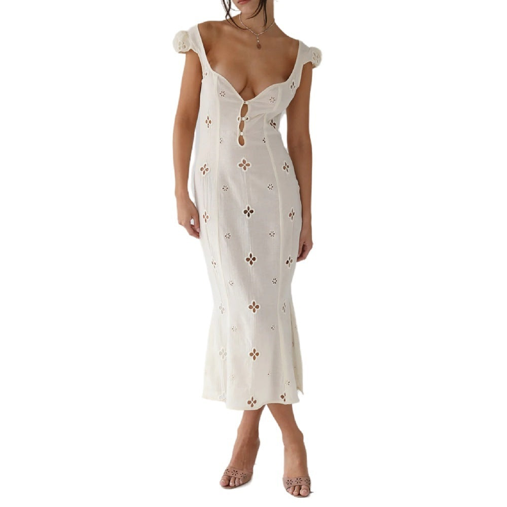 Trendy Mid-length Cotton Embroidered Dress - ANIBEY