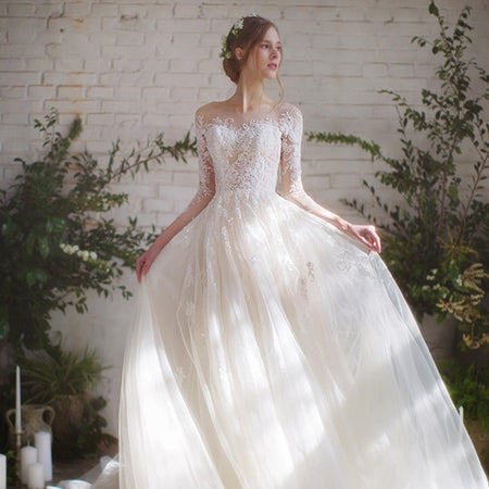 Wedding Dress Bride Lace Sleeves Dress - ANIBEY