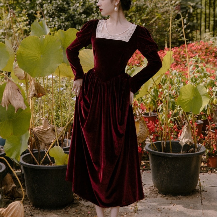Temperament Retro Velvet Long Sleeve Dress - ANIBEY