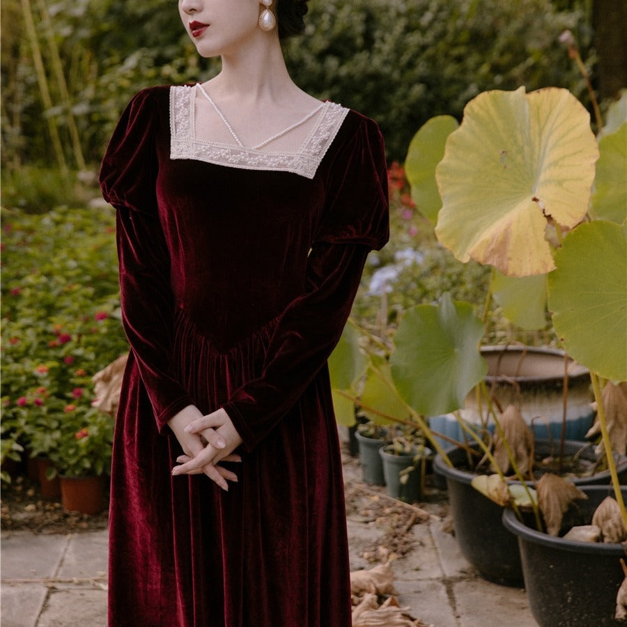 Temperament Retro Velvet Long Sleeve Dress - ANIBEY
