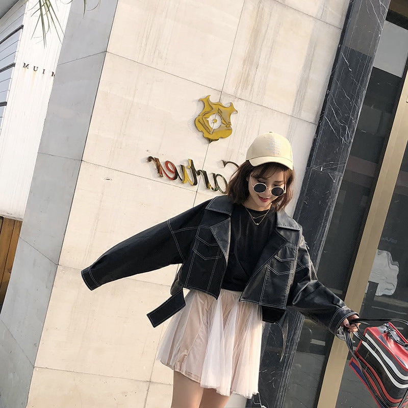 Lapel Topstitched Decorative Pu Motorcycle Jacket Women's Leather Jacket - ANIBEY