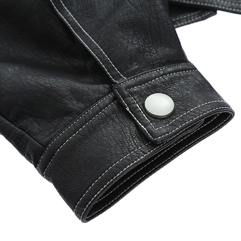 Lapel Topstitched Decorative Pu Motorcycle Jacket Women's Leather Jacket - ANIBEY