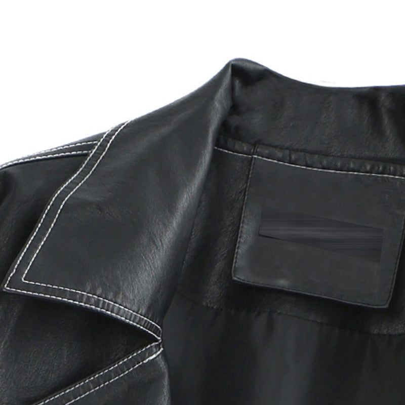 Lapel Topstitched Decorative Pu Motorcycle Jacket Women's Leather Jacket - ANIBEY