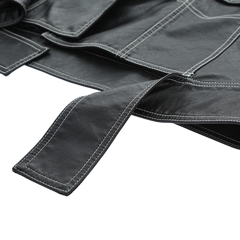 Lapel Topstitched Decorative Pu Motorcycle Jacket Women's Leather Jacket - ANIBEY