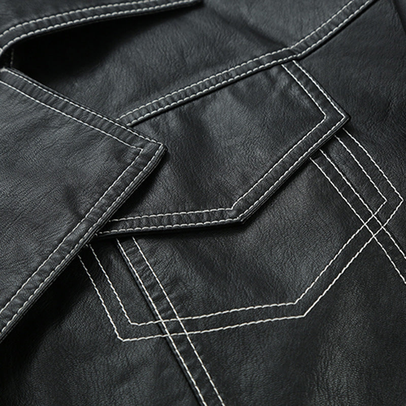 Lapel Topstitched Decorative Pu Motorcycle Jacket Women's Leather Jacket - ANIBEY