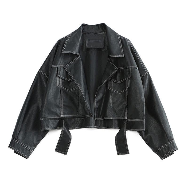 Lapel Topstitched Decorative Pu Motorcycle Jacket Women's Leather Jacket - ANIBEY
