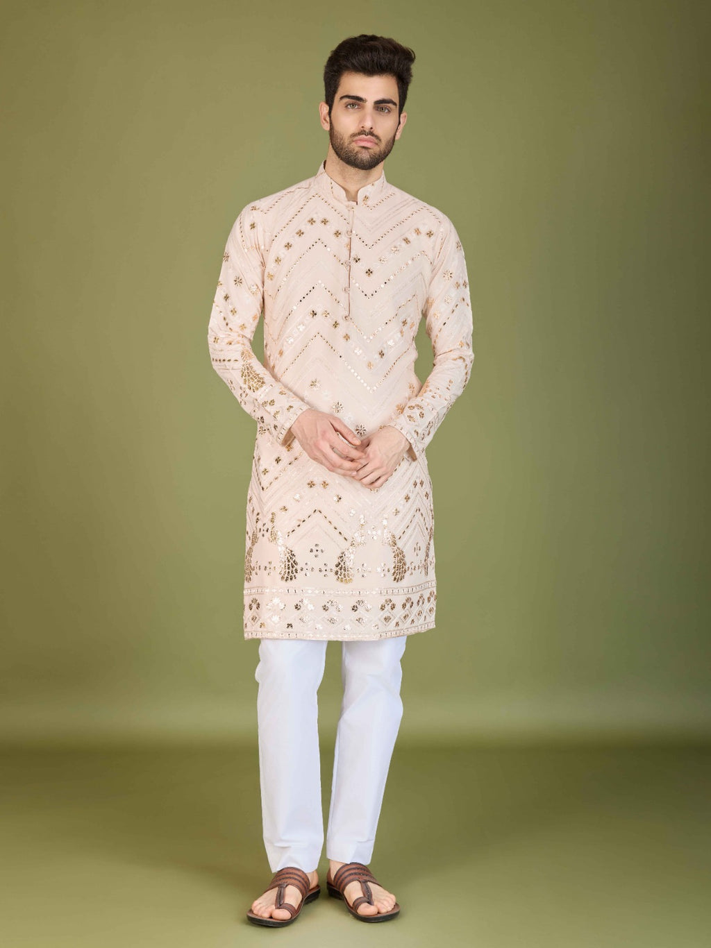 Black flora-fauna threadwork kurta with detailed leather - ANIBEY