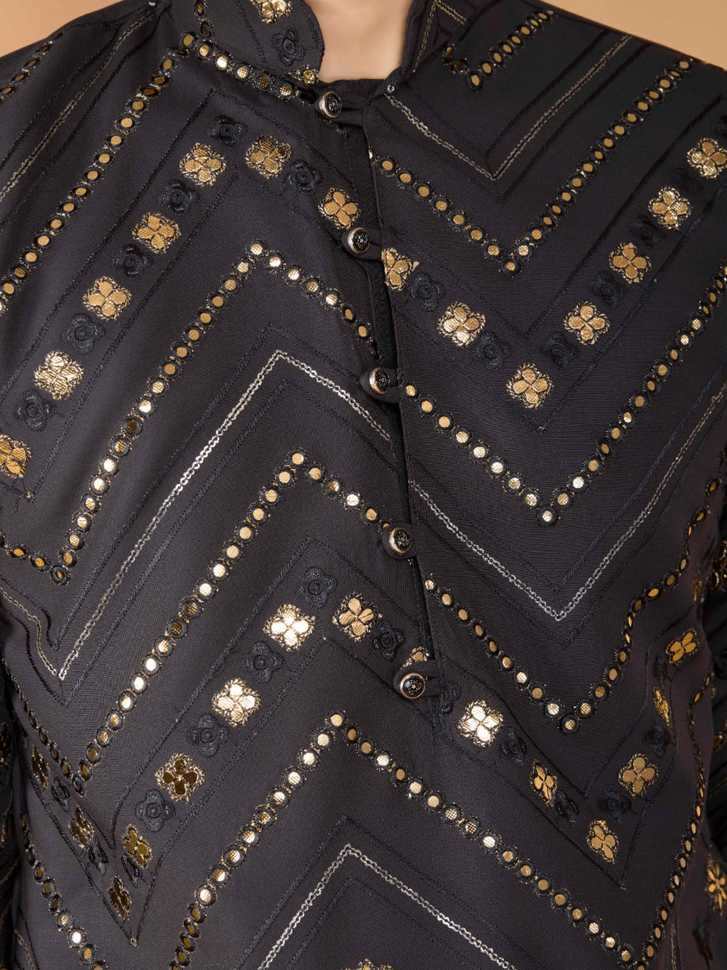Black flora-fauna threadwork kurta with detailed leather - ANIBEY