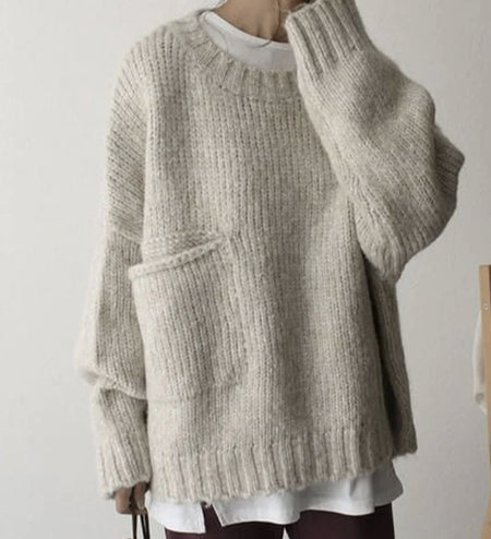 Women's Solid Color Pocket Pullover Sweater - ANIBEY