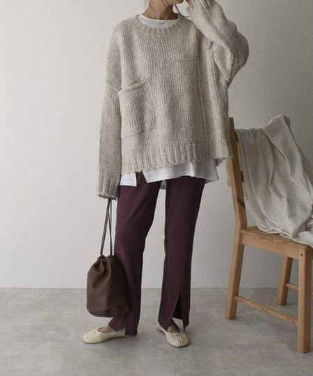 Women's Solid Color Pocket Pullover Sweater - ANIBEY
