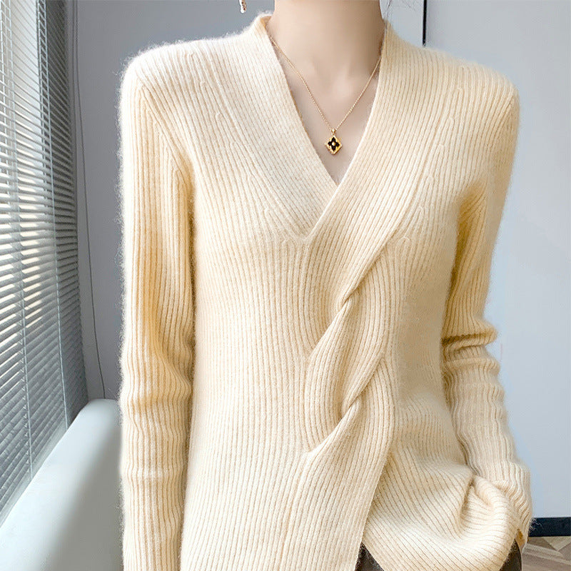Women's Fashion Striped Cross Twisted V-neck Sweater - ANIBEY