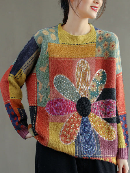 Women's Printed V-neck Mink Sweater - ANIBEY
