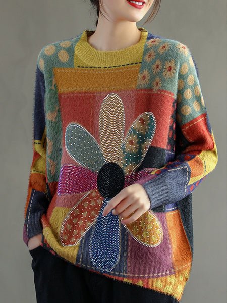 Women's Printed V-neck Mink Sweater - ANIBEY