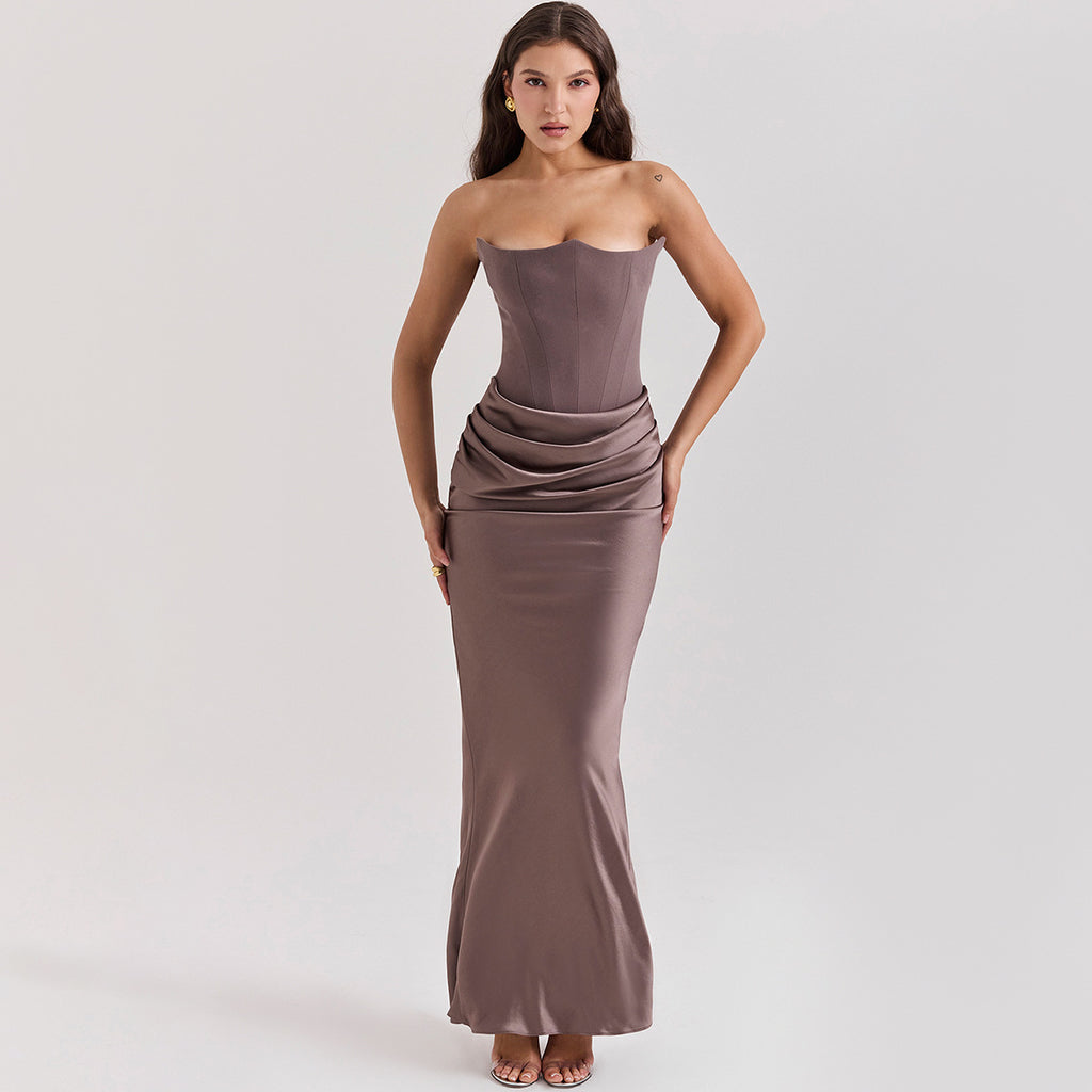 Fishbone Bandeau Slim-fit Backless Autumn And Winter Velvet Dress Black Evening Gown - ANIBEY
