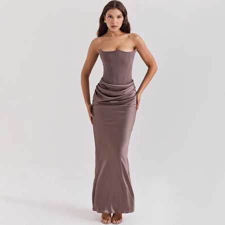 Fishbone Bandeau Slim-fit Backless Autumn And Winter Velvet Dress Black Evening Gown - ANIBEY