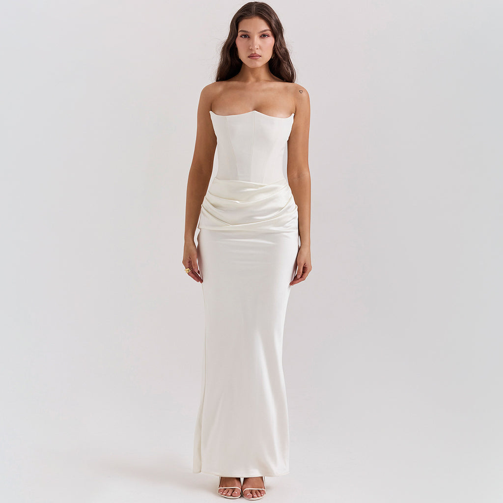 Fishbone Bandeau Slim-fit Backless Autumn And Winter Velvet Dress Black Evening Gown - ANIBEY